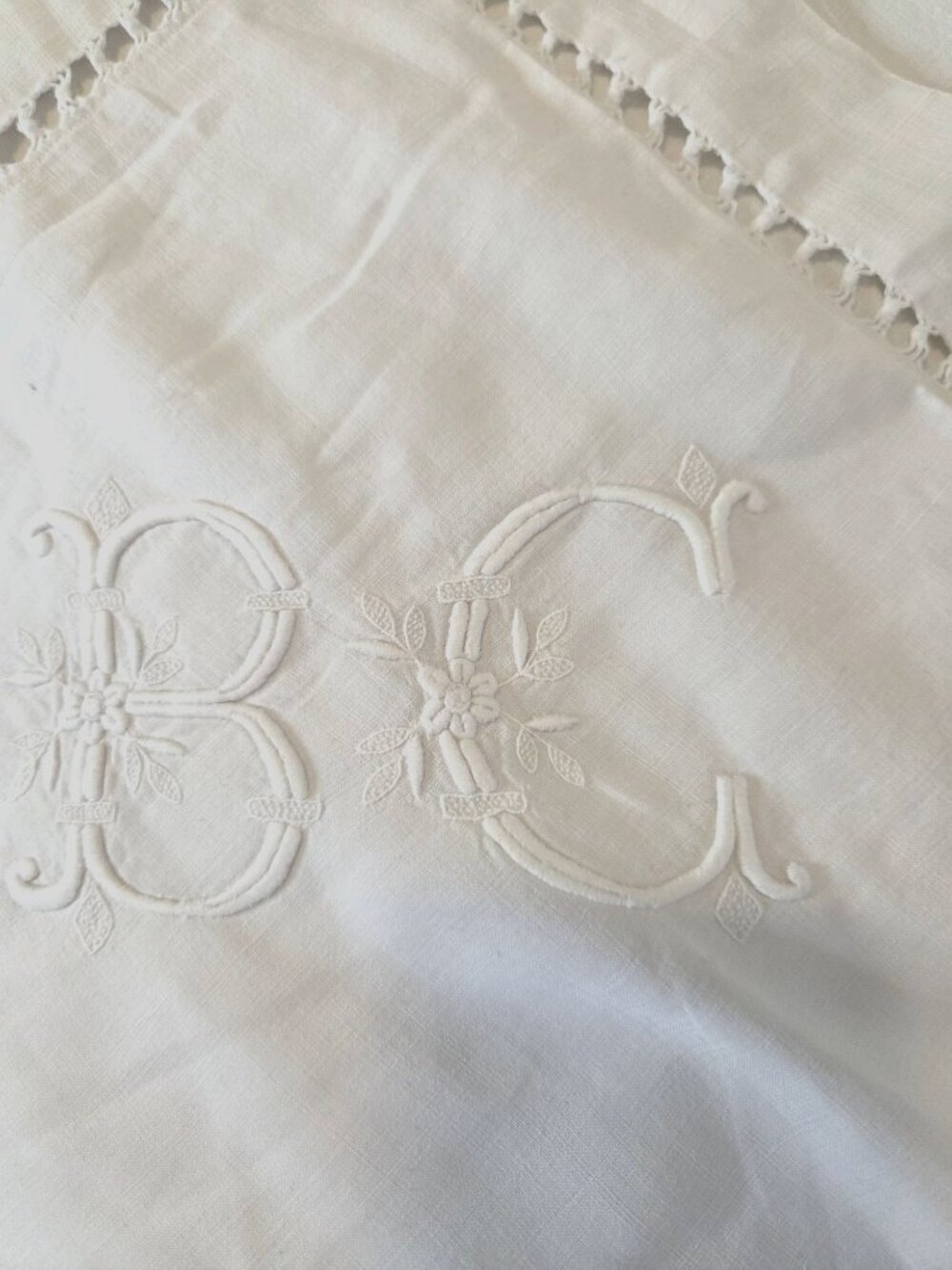 ANTIQ French Mono Euro Sham Pillow Cutwork Button Closure White Linen Embroidery - Picture 1 of 11